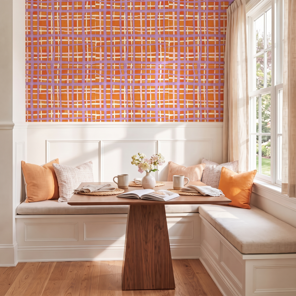 Peachy Gridlock Faux Grasscloth Wallpaper