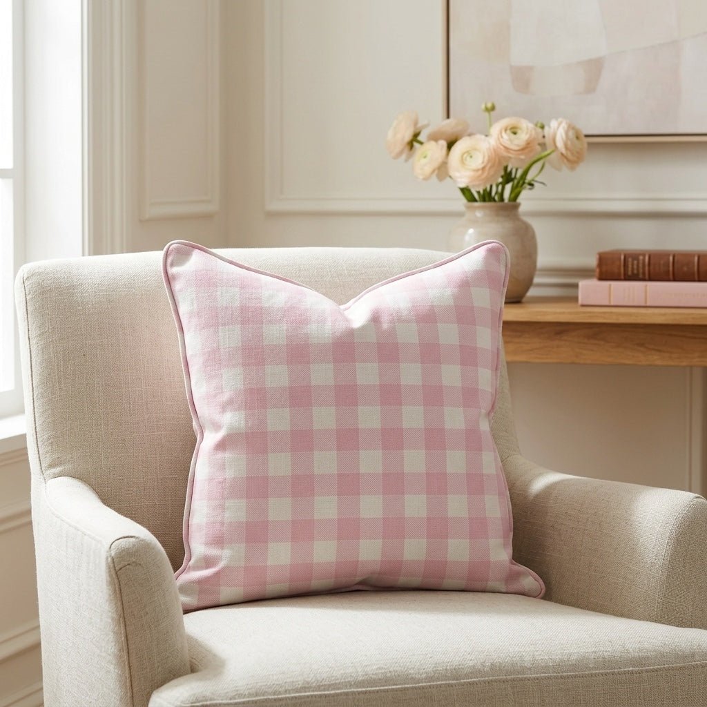 Bellagio Blush Baby Pink Gingham Throw Pillow - Lemon Park