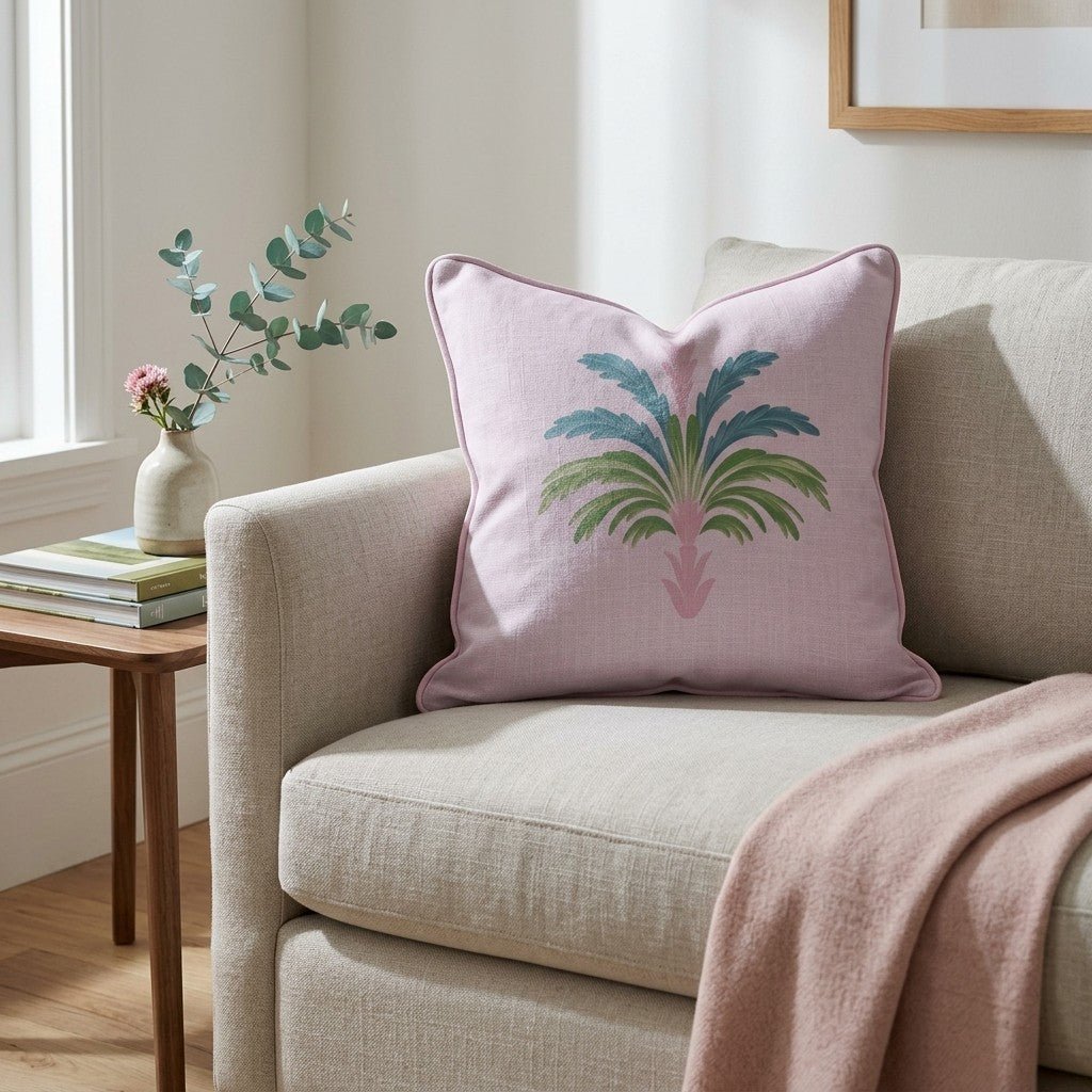 Bellagio Blush Baby Pink Palm Throw Pillow - Lemon Park
