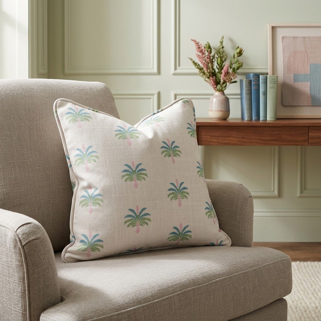 Bellagio Blush Linen Palm Crest Throw Pillow - Lemon Park