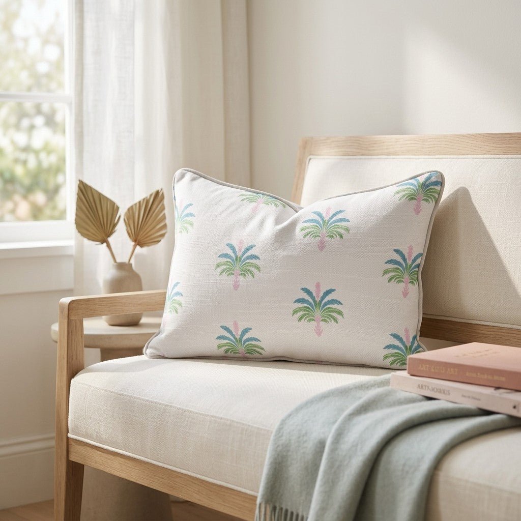 Bellagio Blush Linen Palm Crest Throw Pillow - Lemon Park