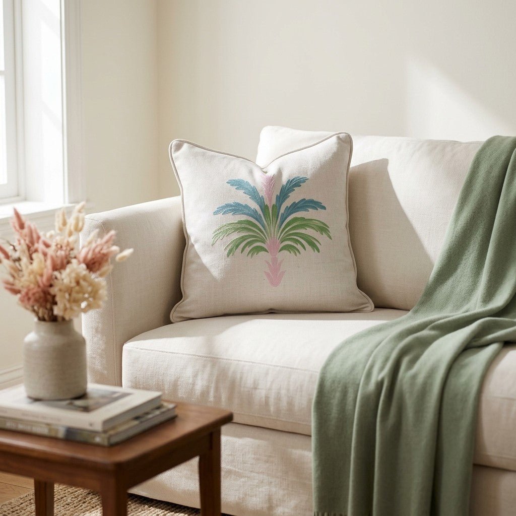 Bellagio Blush Linen Palm Throw Pillow - Lemon Park