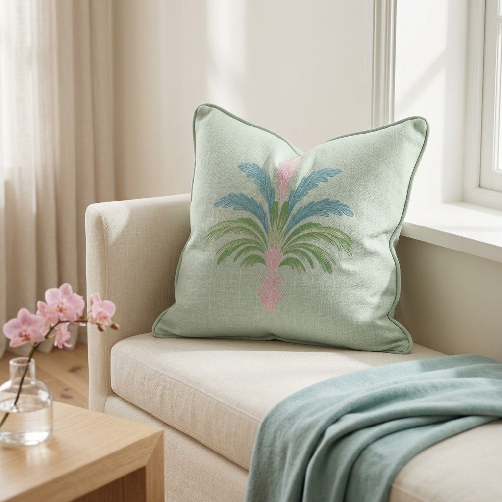 Bellagio Blush Mint Palm Throw Pillow - Lemon Park