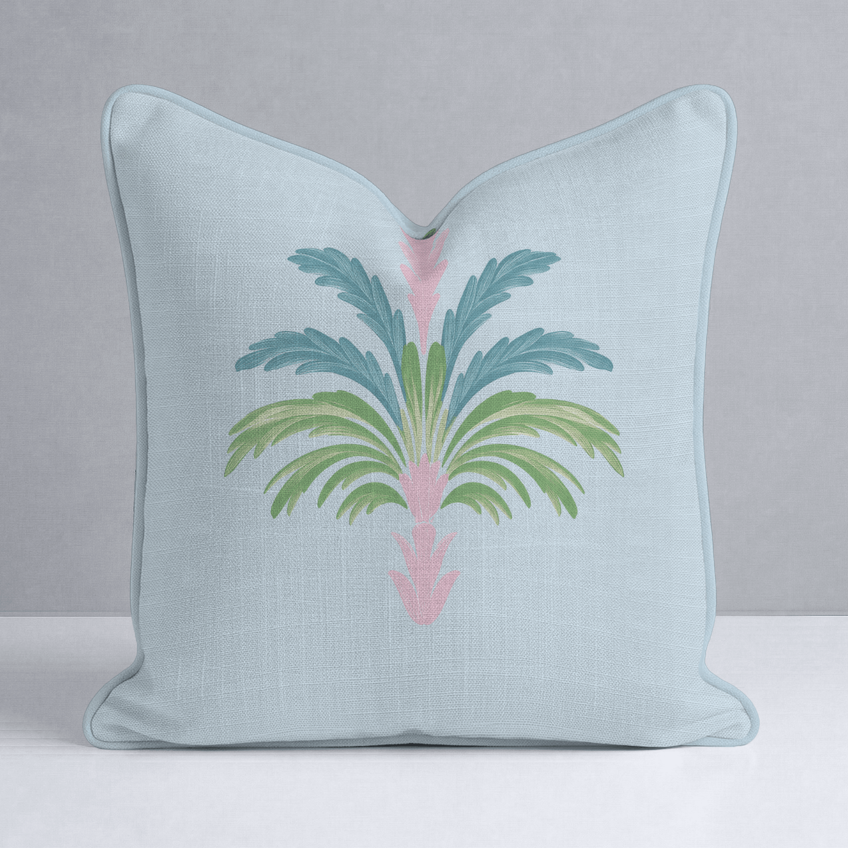 Bellagio Blush Powder Blue Palm Throw Pillow - Lemon Park
