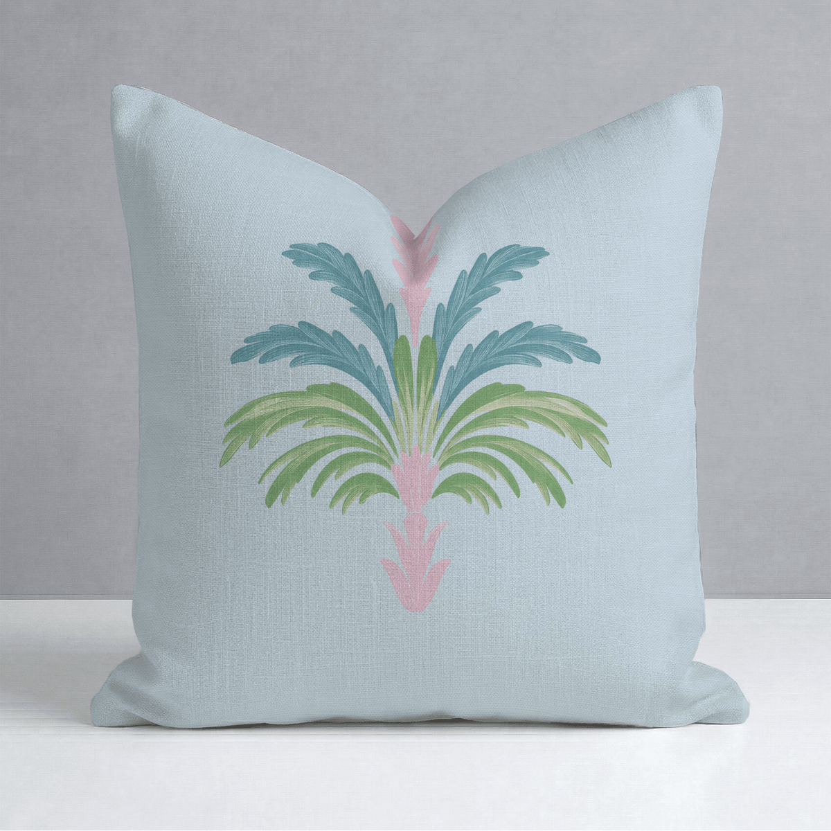 Bellagio Blush Powder Blue Palm Throw Pillow - Lemon Park
