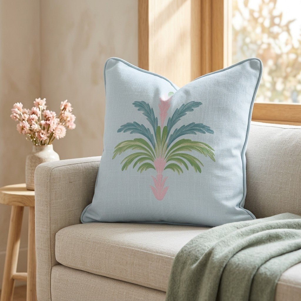 Bellagio Blush Powder Blue Palm Throw Pillow - Lemon Park