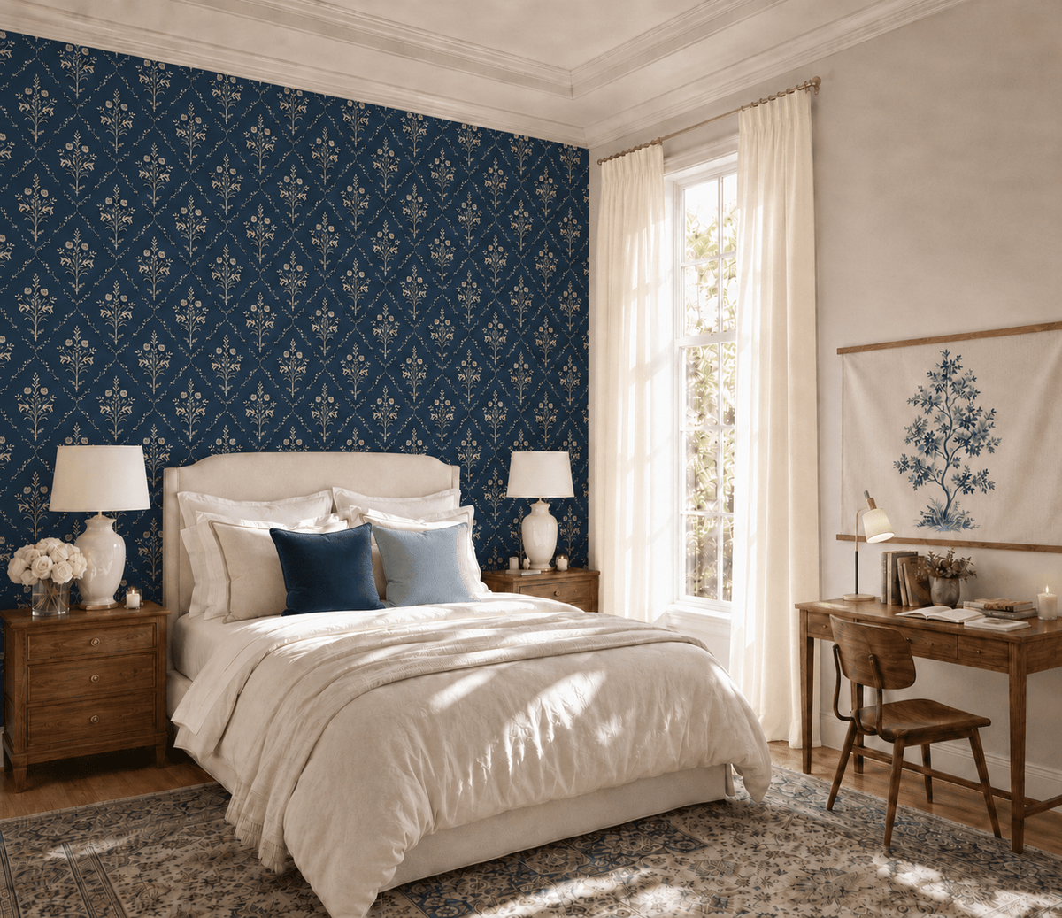 Benjamin Navy Floral Wallpaper - Lemon Park