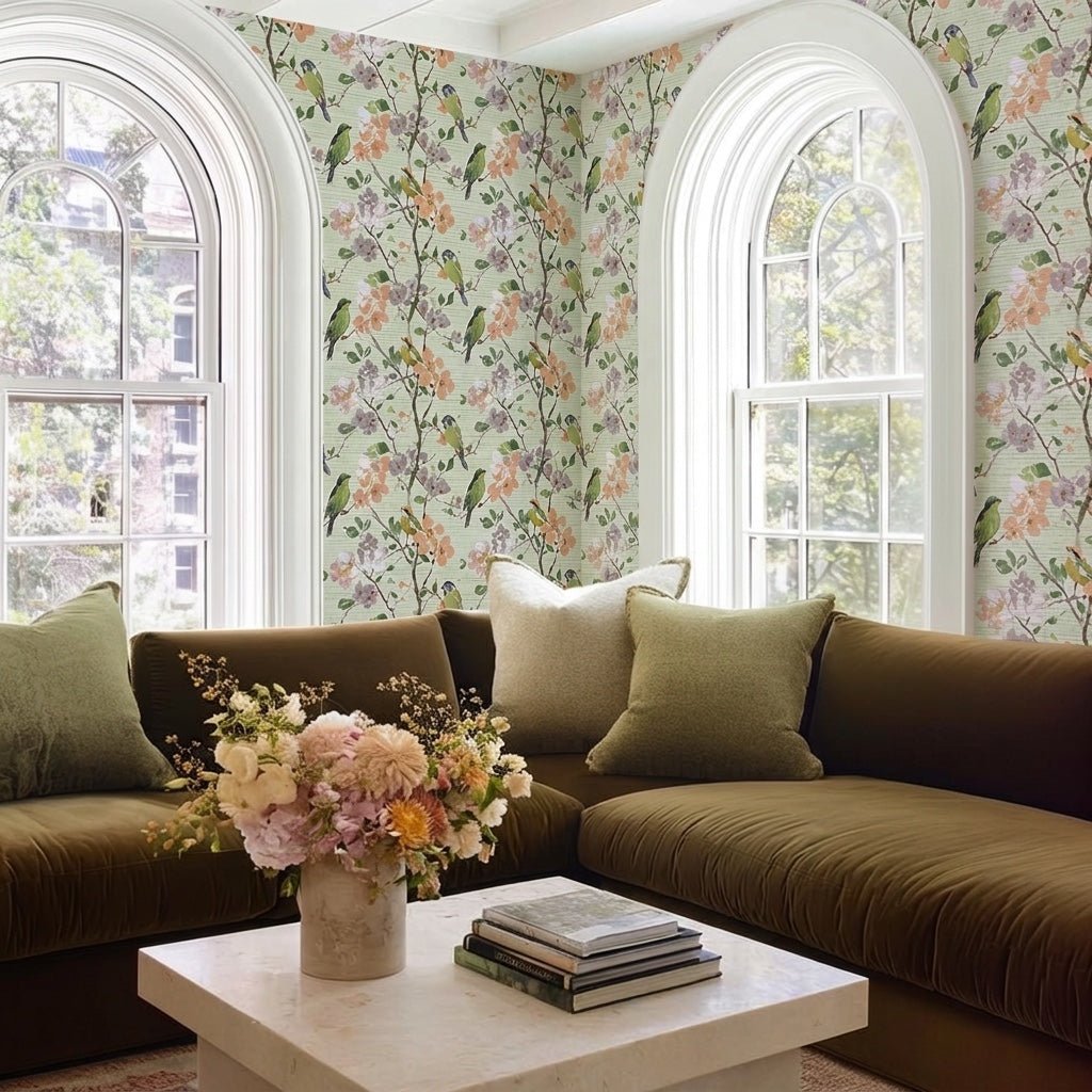 Birdsong Grove Faux Grasscloth Wallpaper - Lemon Park