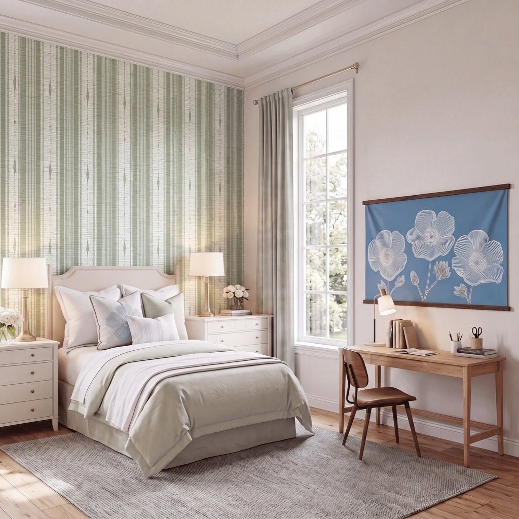 Blue Dresses Lemongrass Stripes Faux Grasscloth Wallpaper - Lemon Park