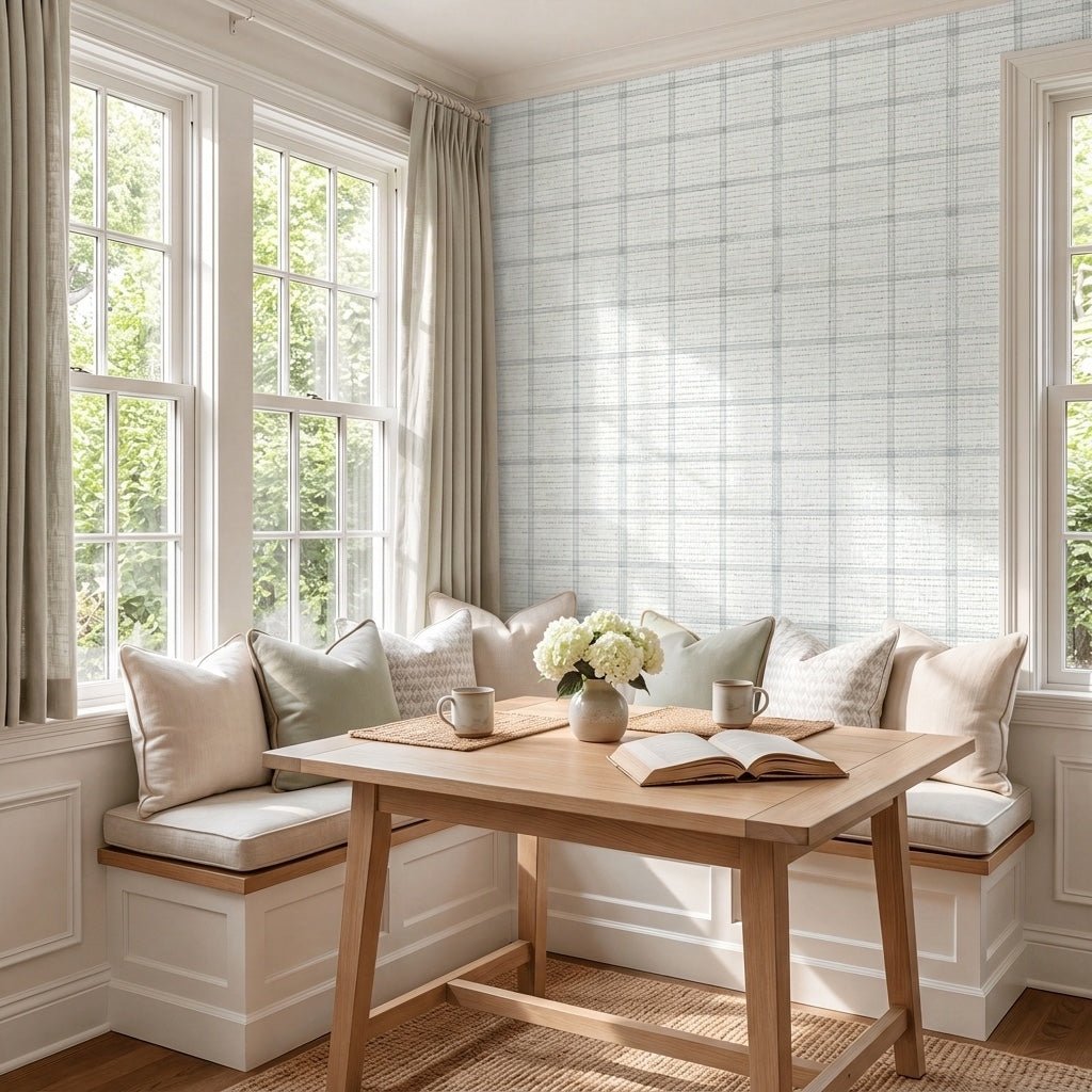 Blue Dresses Seashell Plaid Faux Grasscloth Wallpaper - Lemon Park