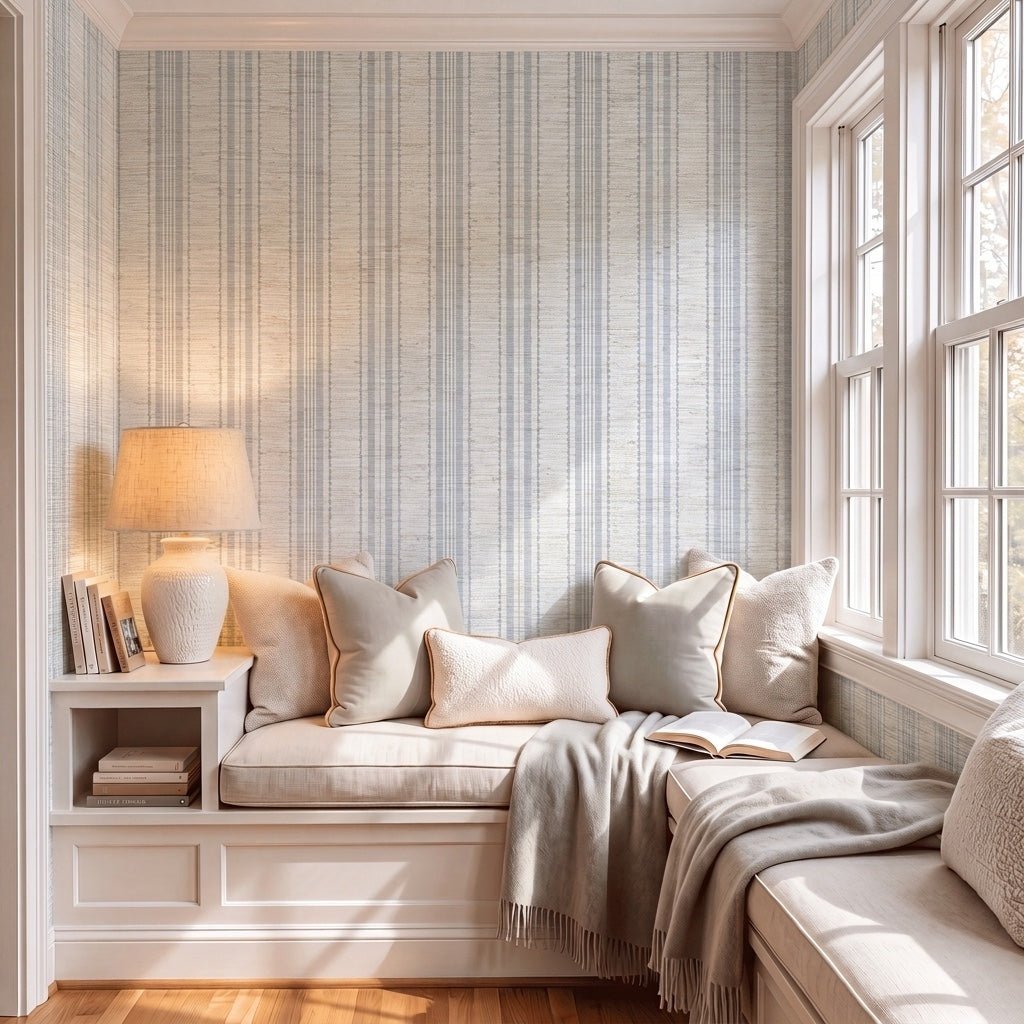 Blue Dresses Seashell Stripes Faux Grasscloth Wallpaper - Lemon Park