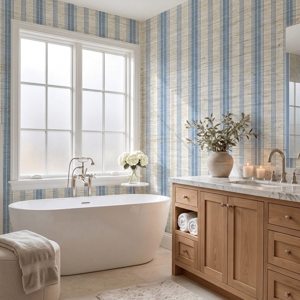 Blue Dresses Steel Blue Stripes Faux Grasscloth Wallpaper - Lemon Park