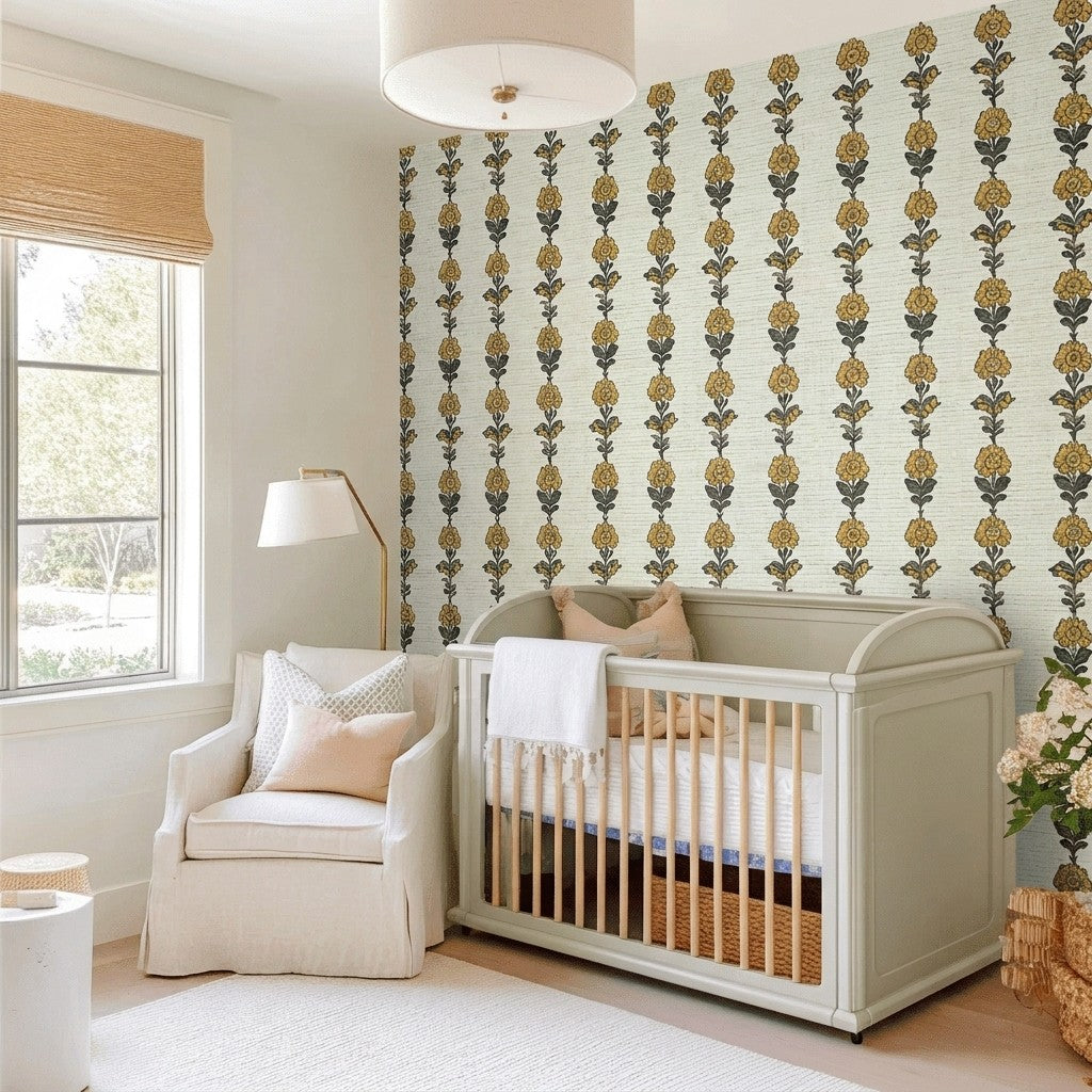 Lemon Poppy Faux Grasscloth Wallpaper
