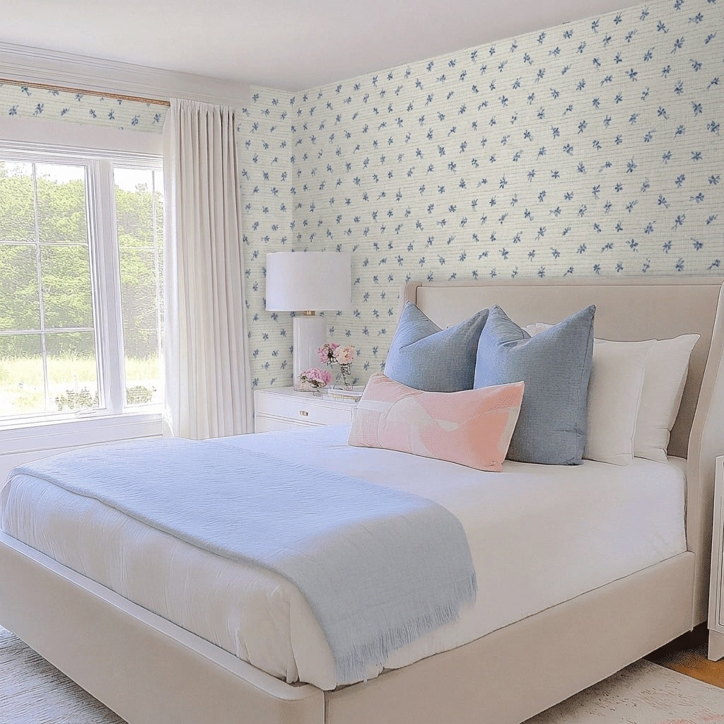 Evie Blue Faux Grasscloth Wallpaper
