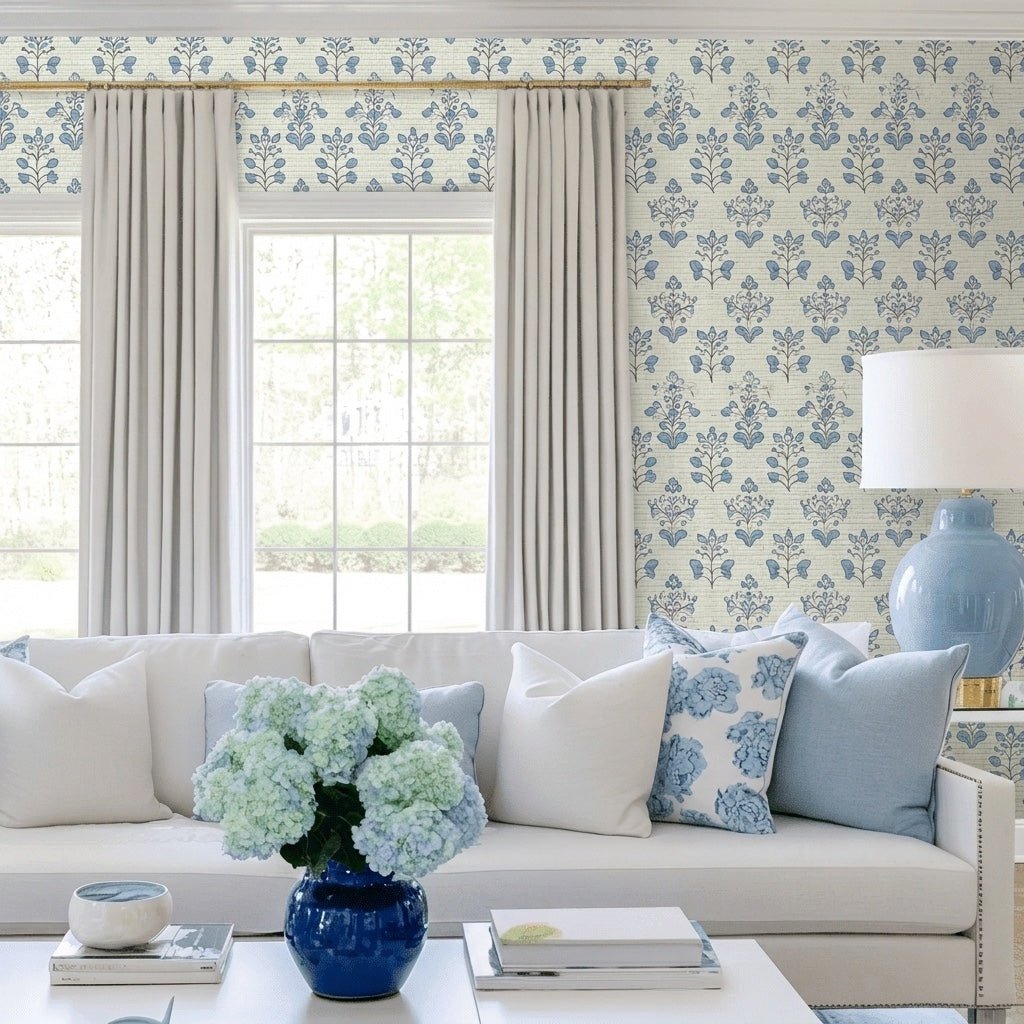 Capri Blue Faux Grasscloth Wallpaper - Lemon Park
