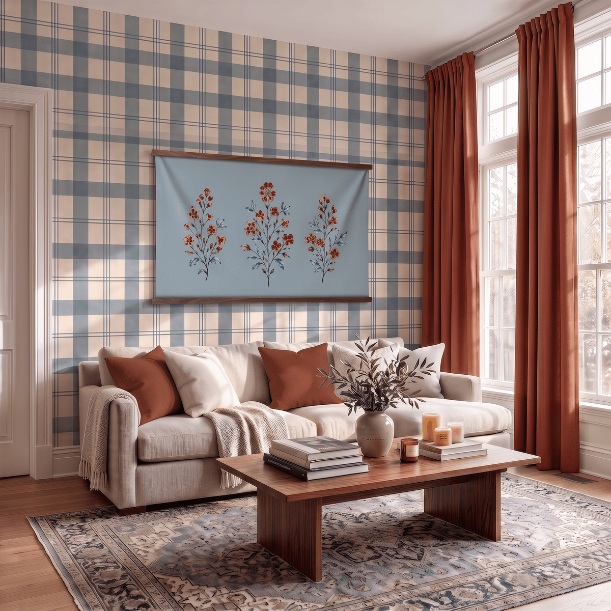 Chambray Tiles French Blue Bouquet Study - Tapestry - Lemon Park