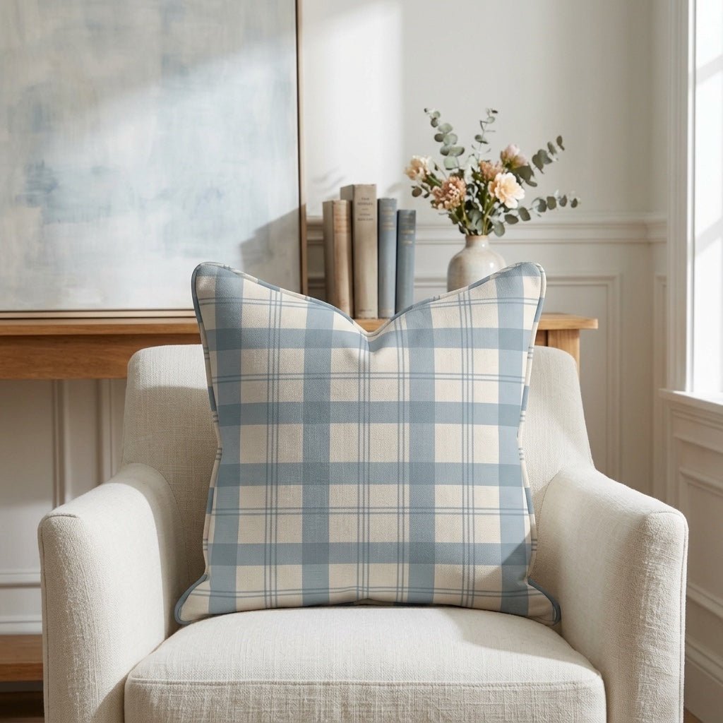 Chambray Tiles French Blue Plaid Throw Pillow - Lemon Park
