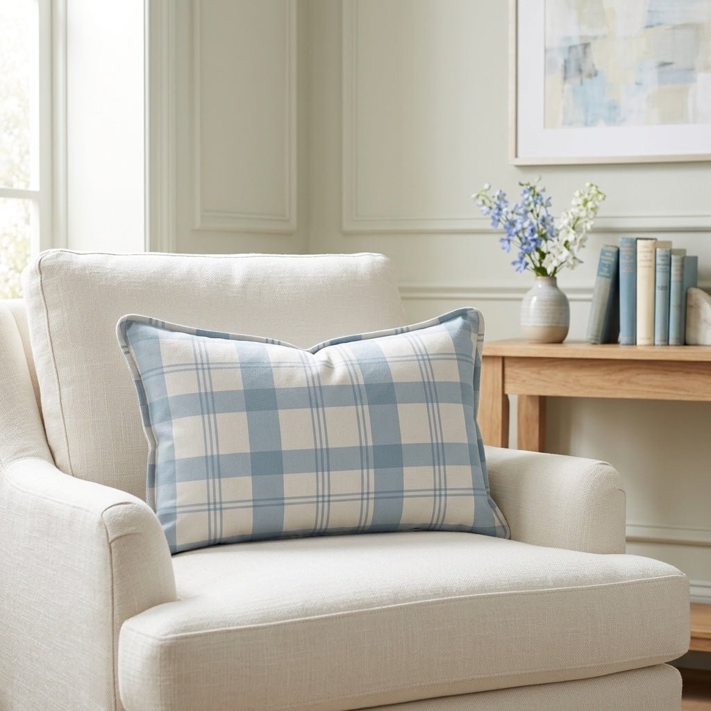 Chambray Tiles French Blue Plaid Throw Pillow - Lemon Park