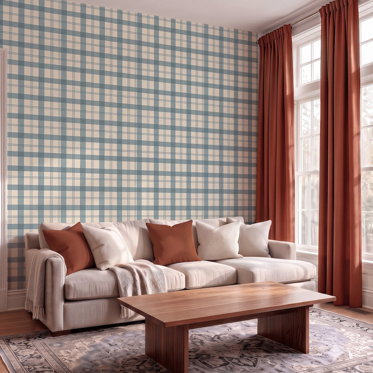 Chambray Tiles French Blue Plaid Wallpaper - Lemon Park