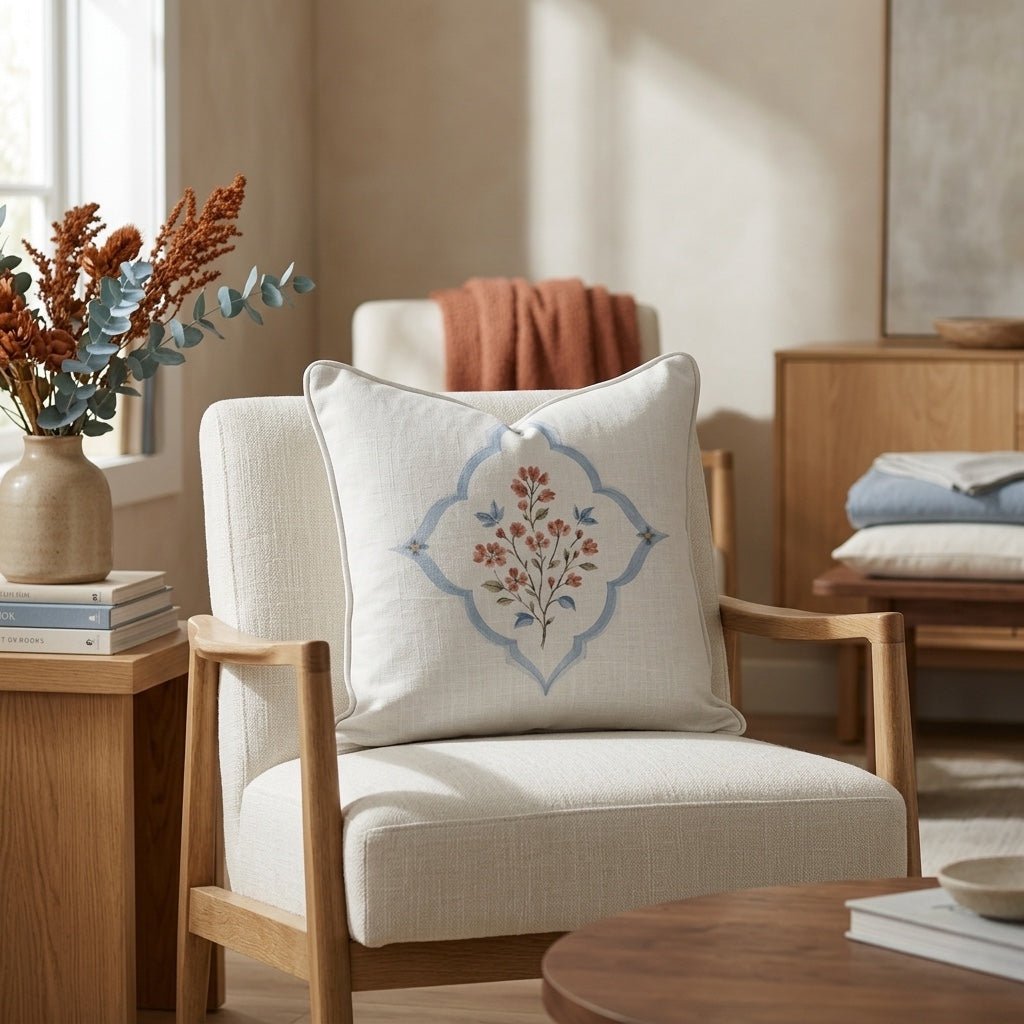 Chambray Tiles Linen Cottage Crest Throw Pillow - Lemon Park