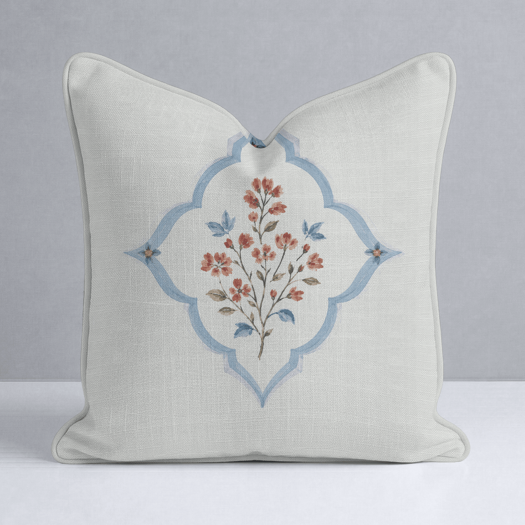 Chambray Tiles Linen Cottage Crest Throw Pillow - Lemon Park
