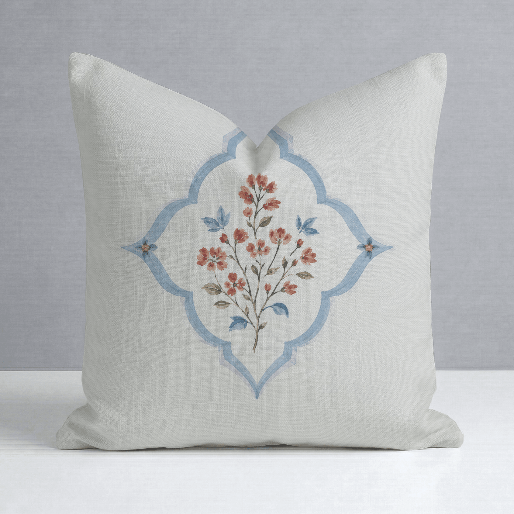 Chambray Tiles Linen Cottage Crest Throw Pillow - Lemon Park