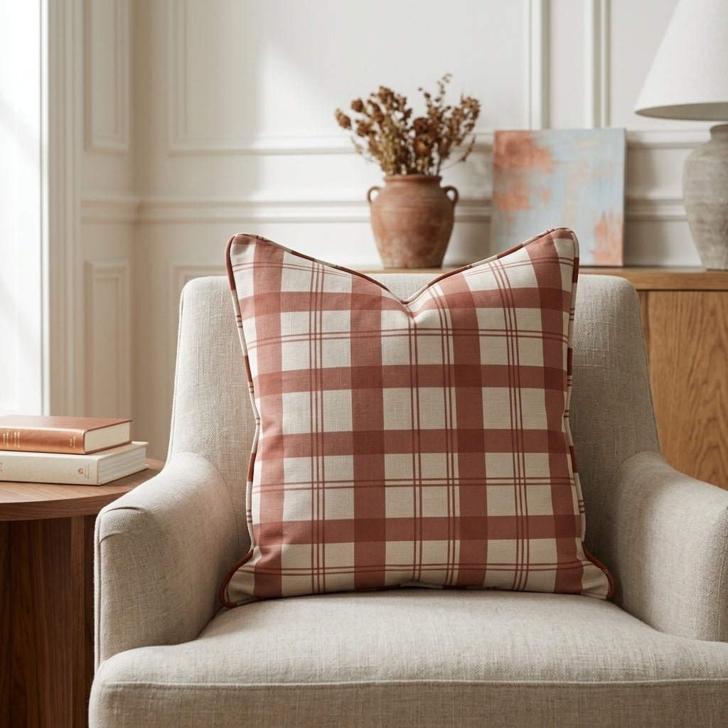 Chambray Tiles Terracotta Plaid Throw Pillow - Lemon Park