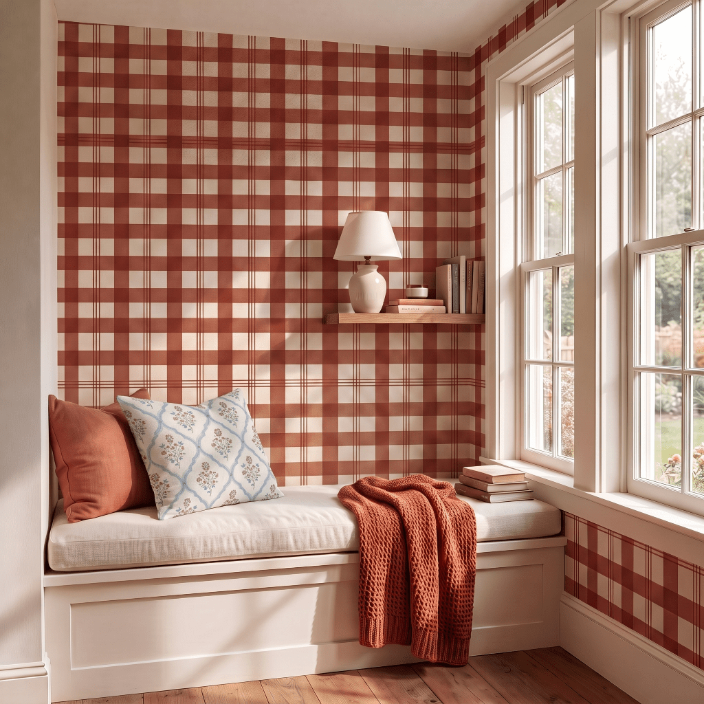Chambray Tiles Terracotta Plaid Wallpaper - Lemon Park