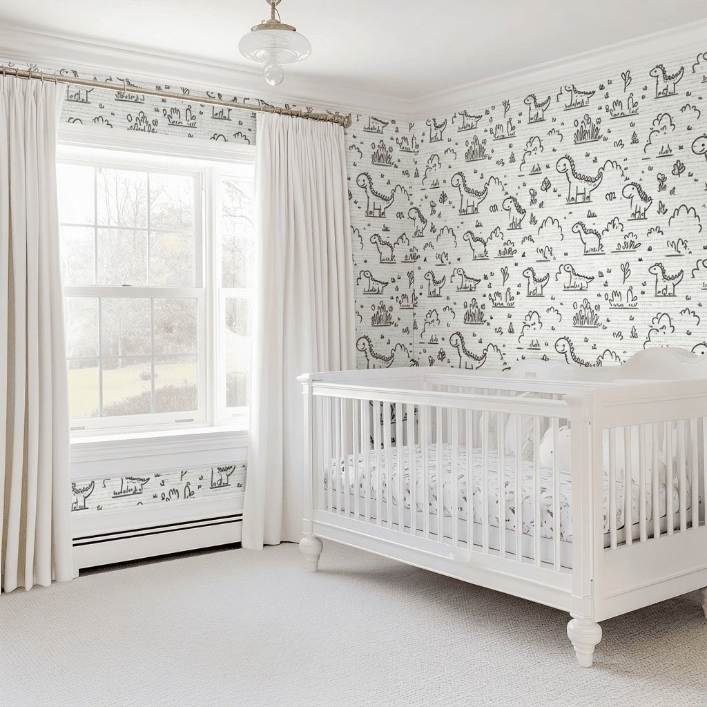 Dino Doodle Faux Grasscloth Wallpaper - Lemon Park