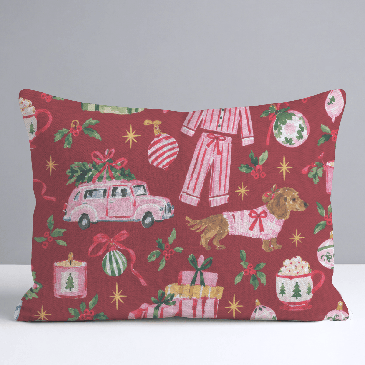 Doxie Pajama Party Cranberry Throw Pillow - Lemon Park