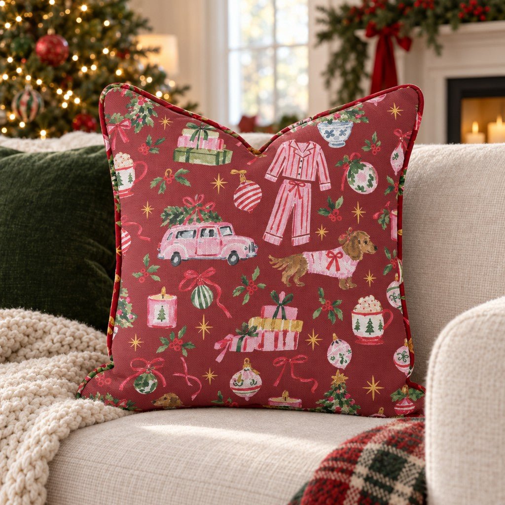 Doxie Pajama Party Cranberry Throw Pillow - Lemon Park