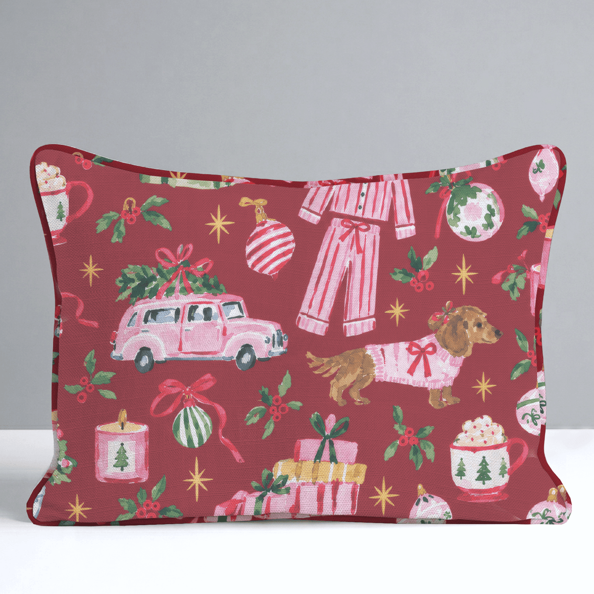 Doxie Pajama Party Cranberry Throw Pillow - Lemon Park