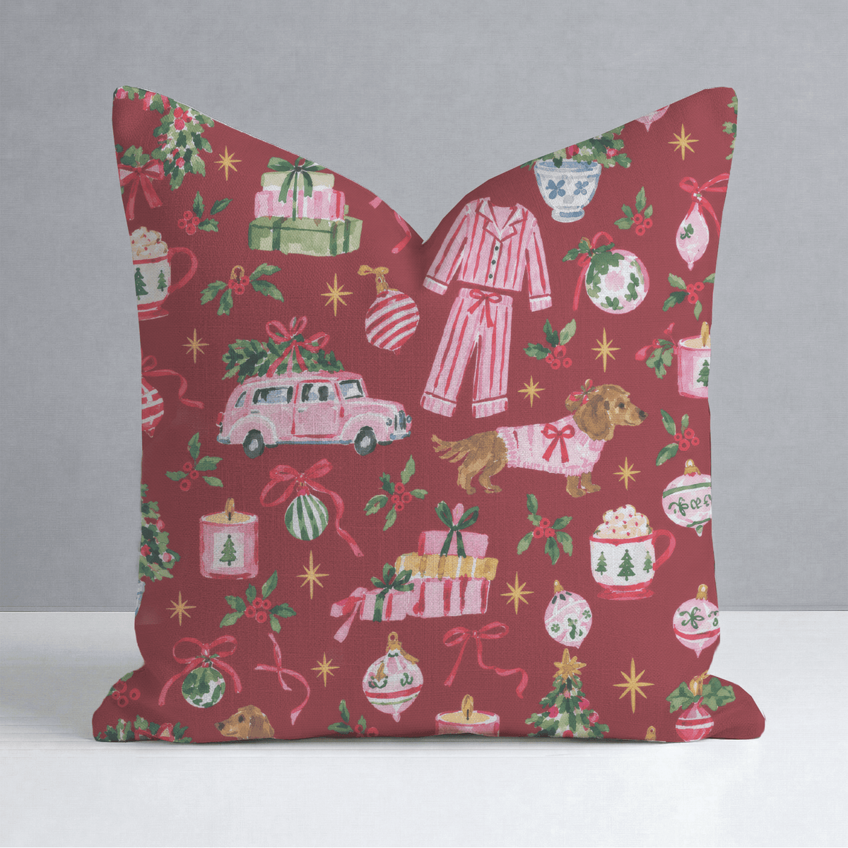 Doxie Pajama Party Cranberry Throw Pillow - Lemon Park