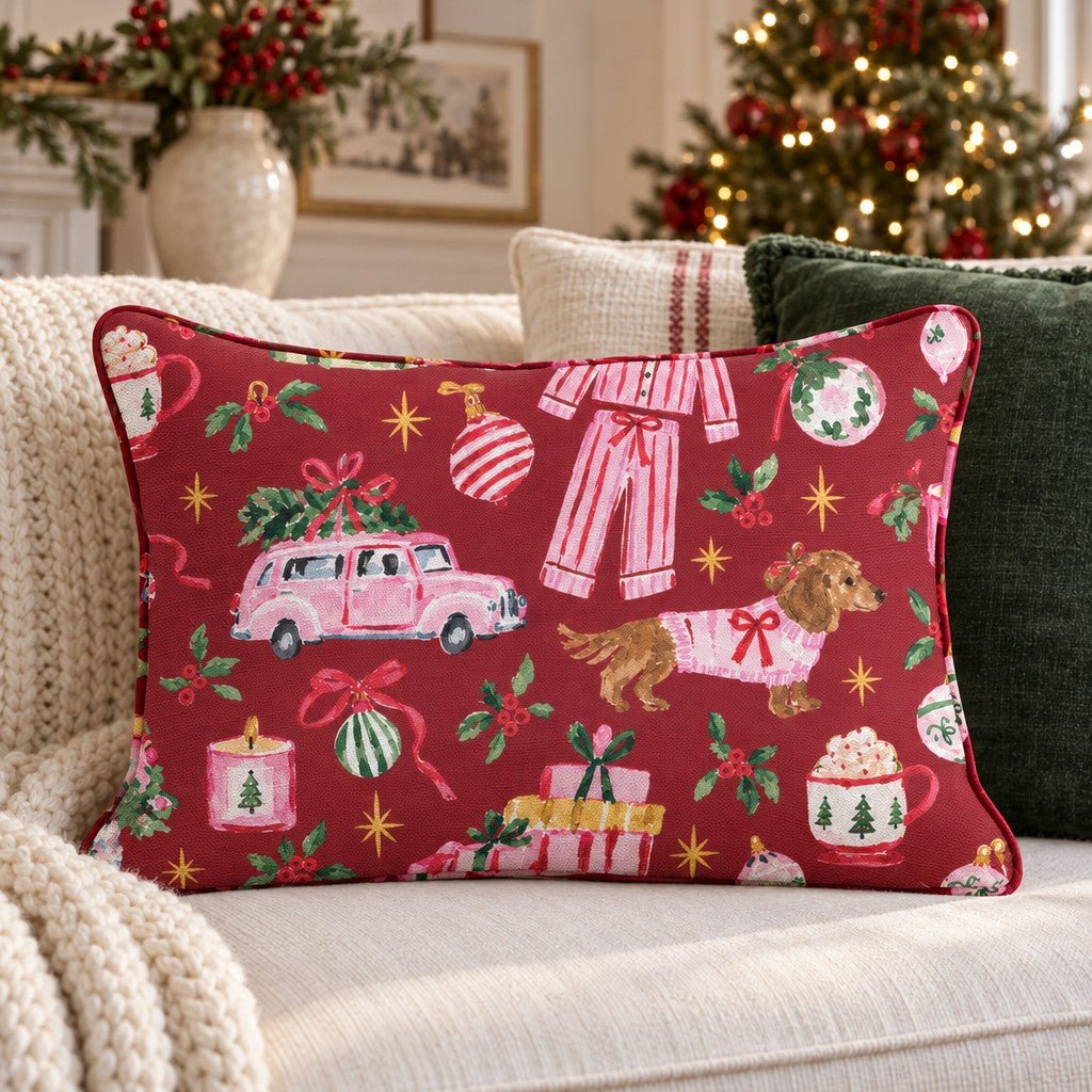 Doxie Pajama Party Cranberry Throw Pillow - Lemon Park