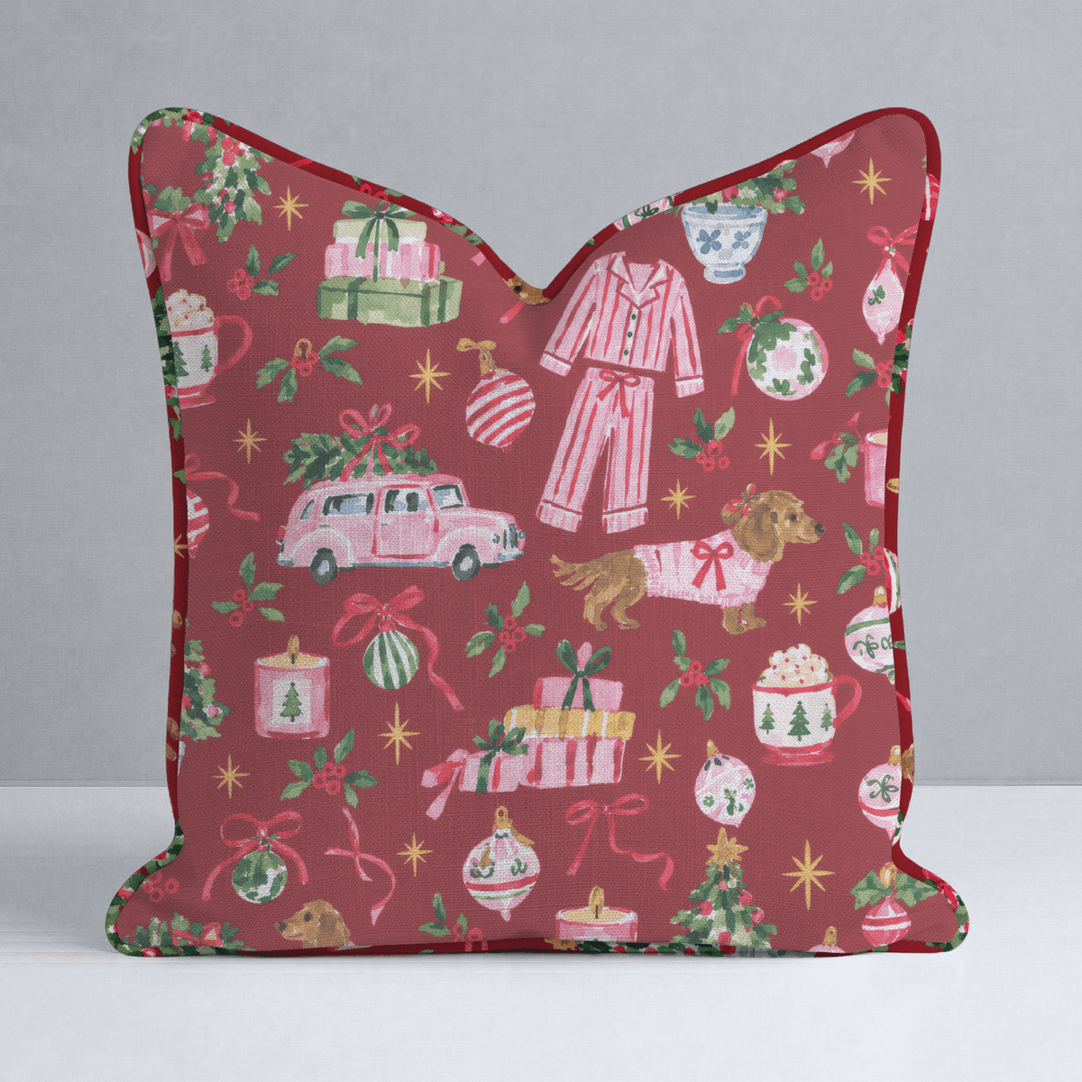 Doxie Pajama Party Cranberry Throw Pillow - Lemon Park