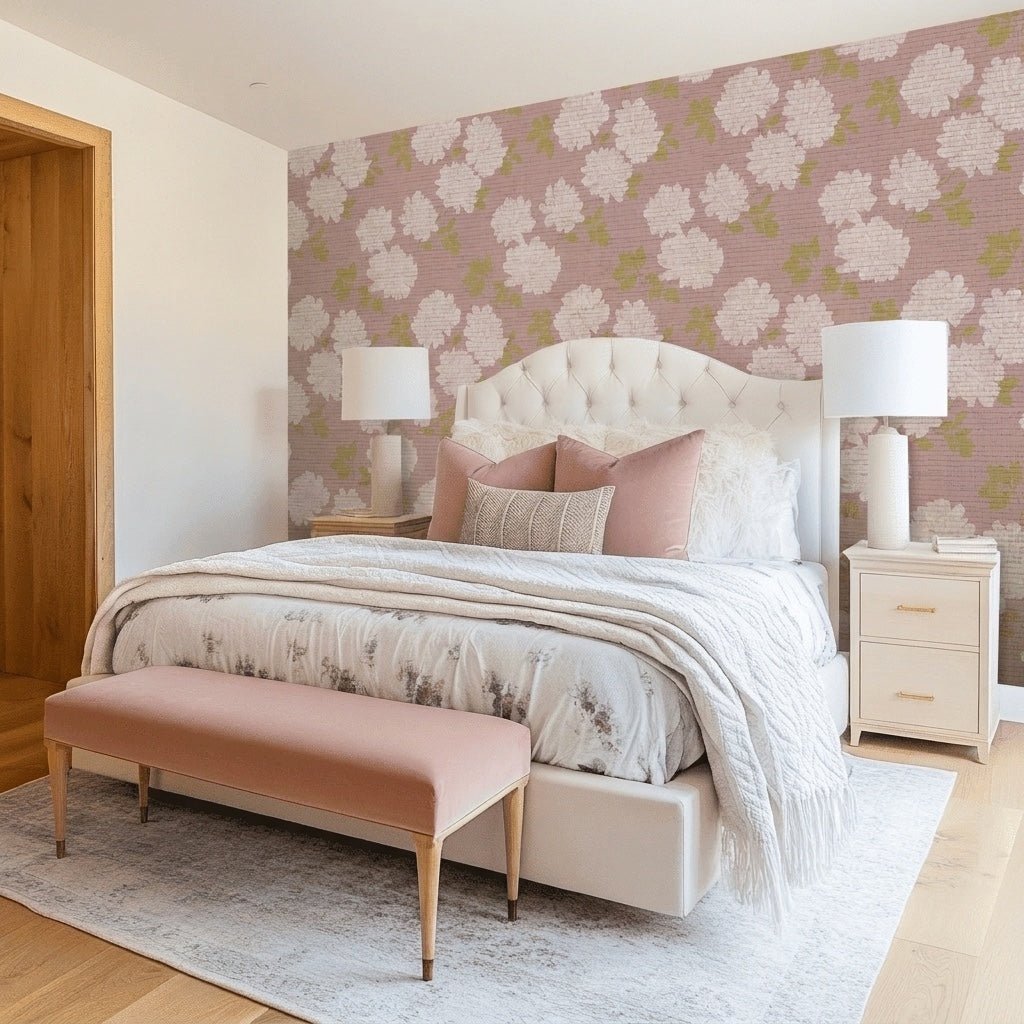 Dusty Rose Peonies Faux Grasscloth Wallpaper - Lemon Park