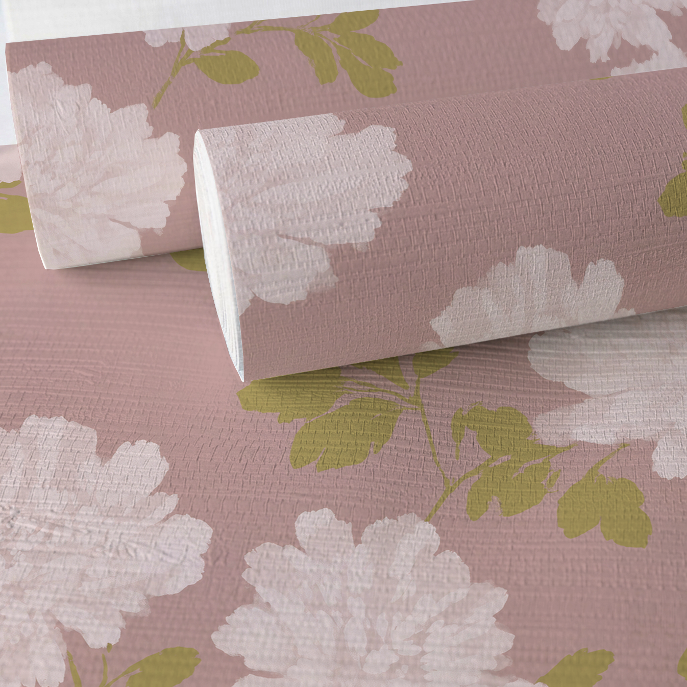 Dusty Rose Peonies Faux Grasscloth Wallpaper