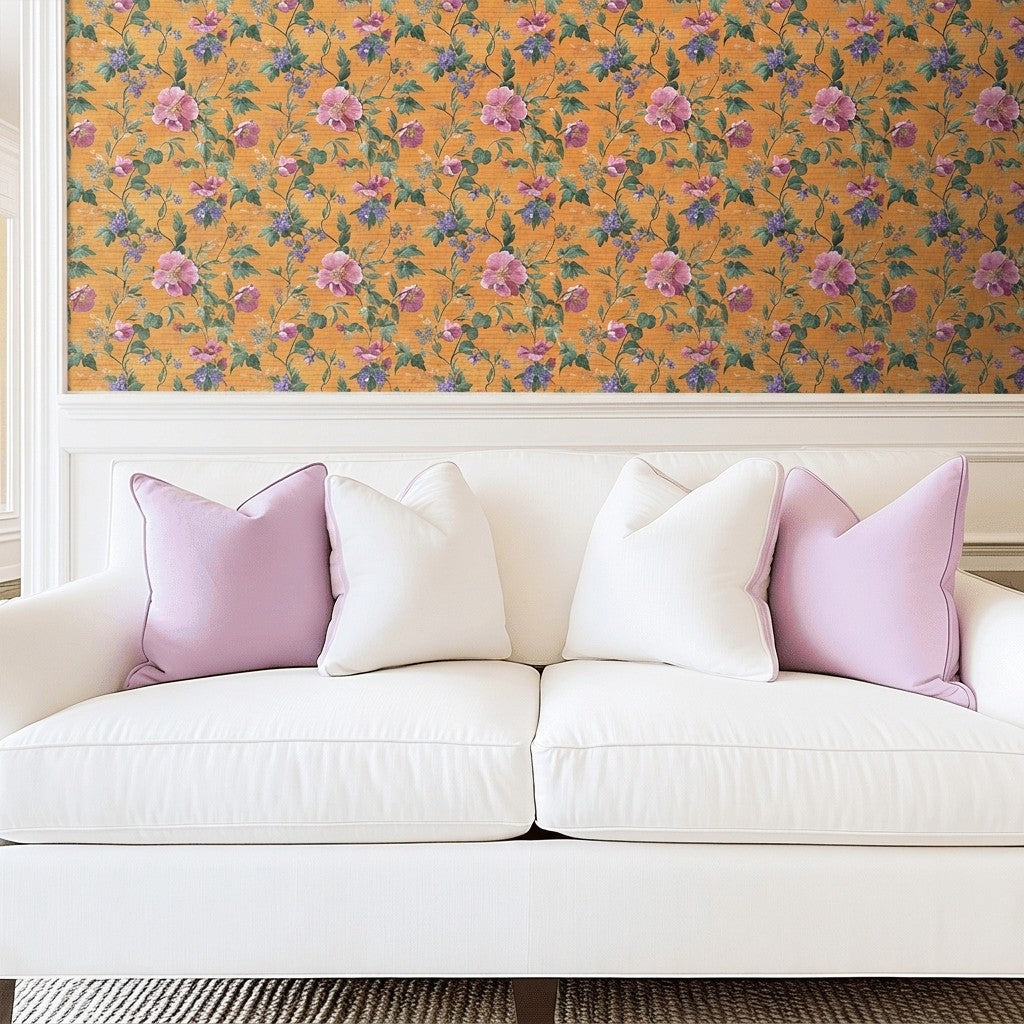 Petals & Persimmons Faux Grasscloth Wallpaper