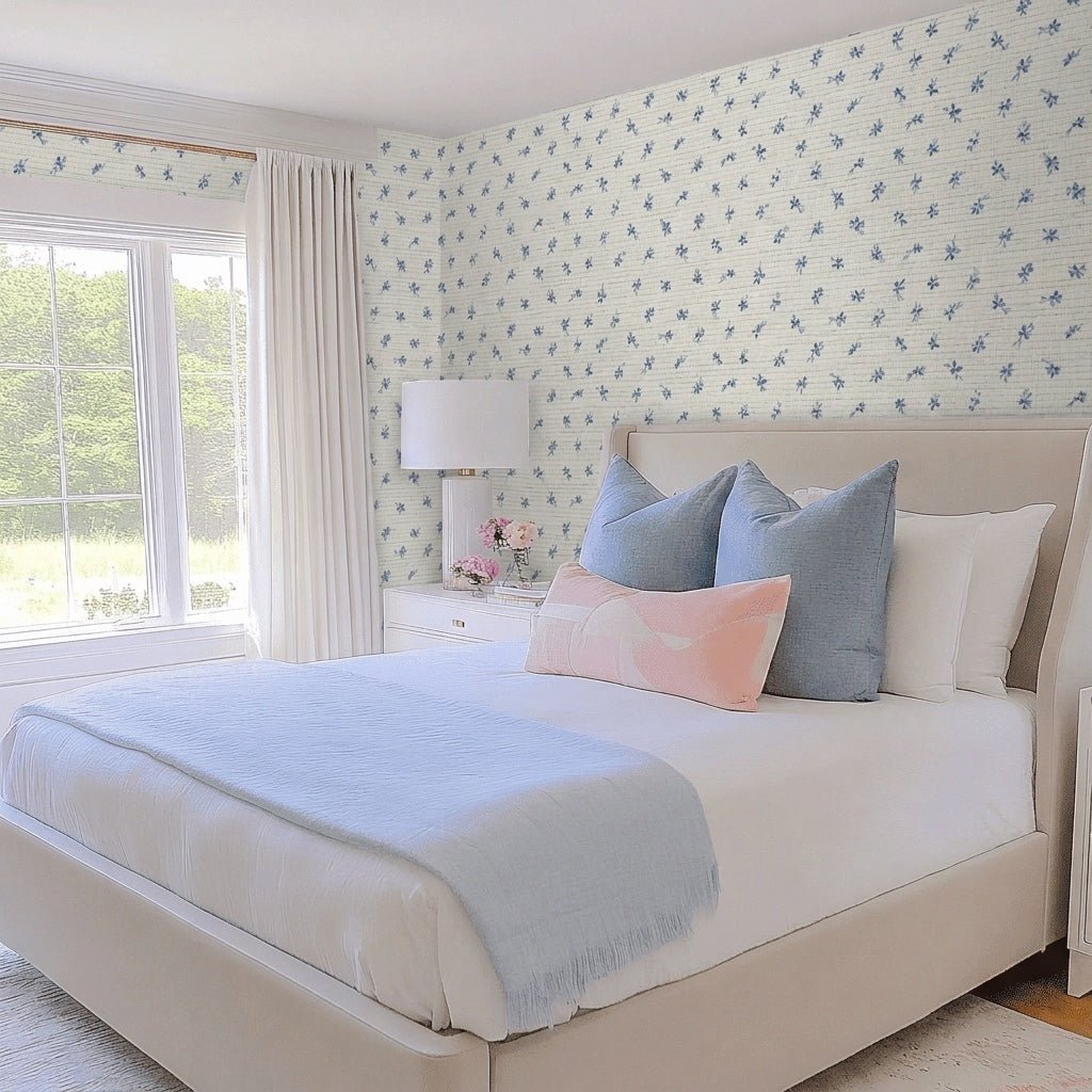 Evie Blue Faux Grasscloth Wallpaper - Lemon Park