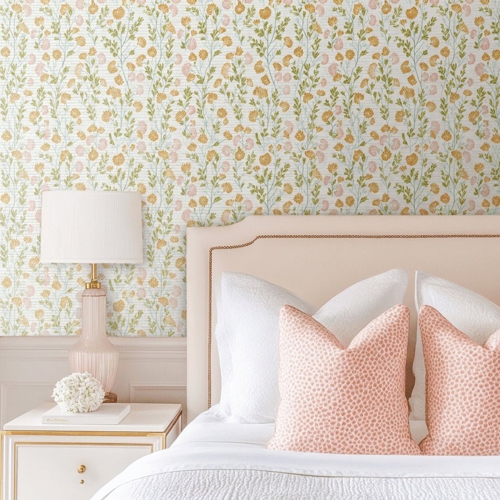 Faded Flora Faux Grasscloth Wallpaper - Lemon Park