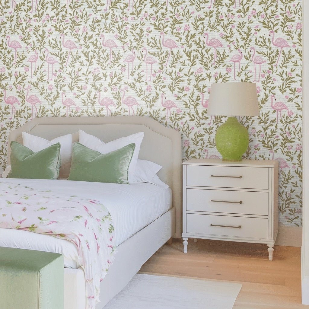 Flora Flamingo Faux Grasscloth Wallpaper - Lemon Park
