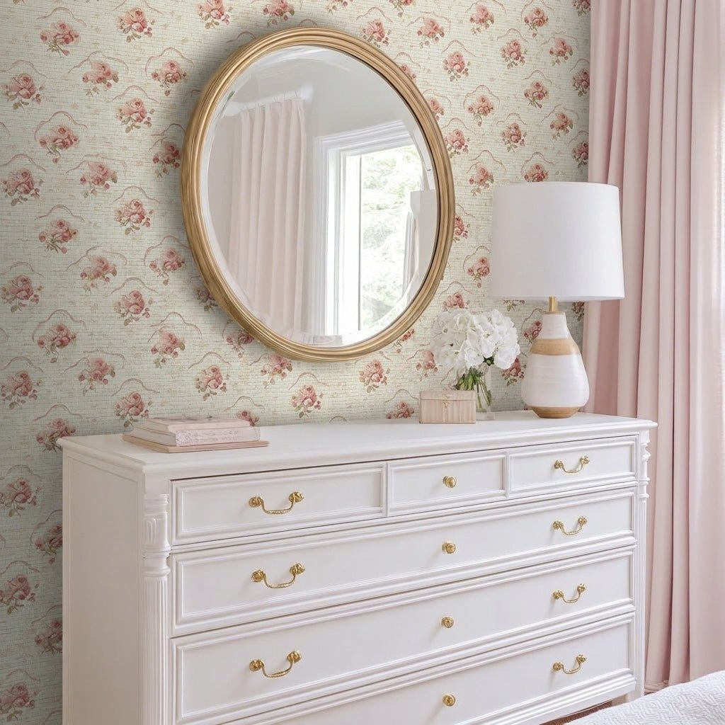 Floral Cameo Faux Grasscloth Wallpaper - Lemon Park