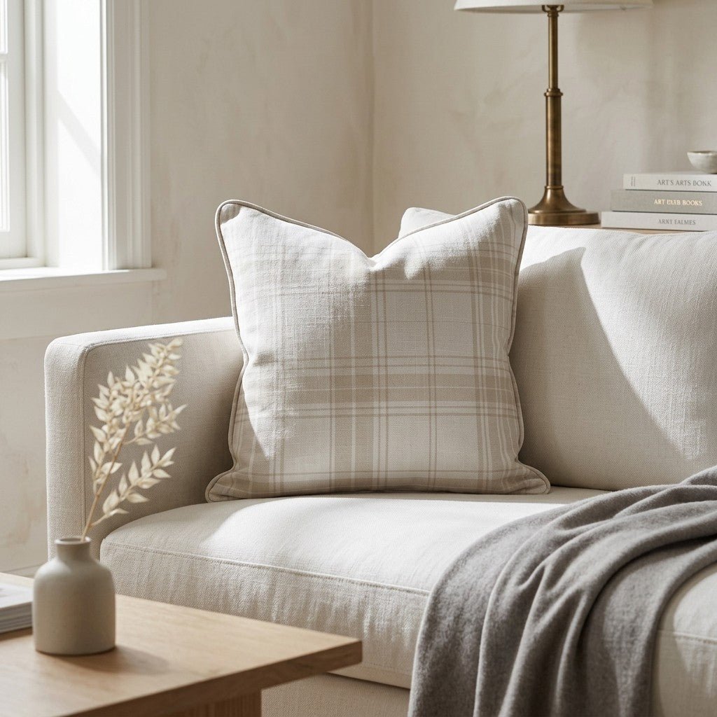 Fog & Found Linen Plaid Throw Pillow - Lemon Park