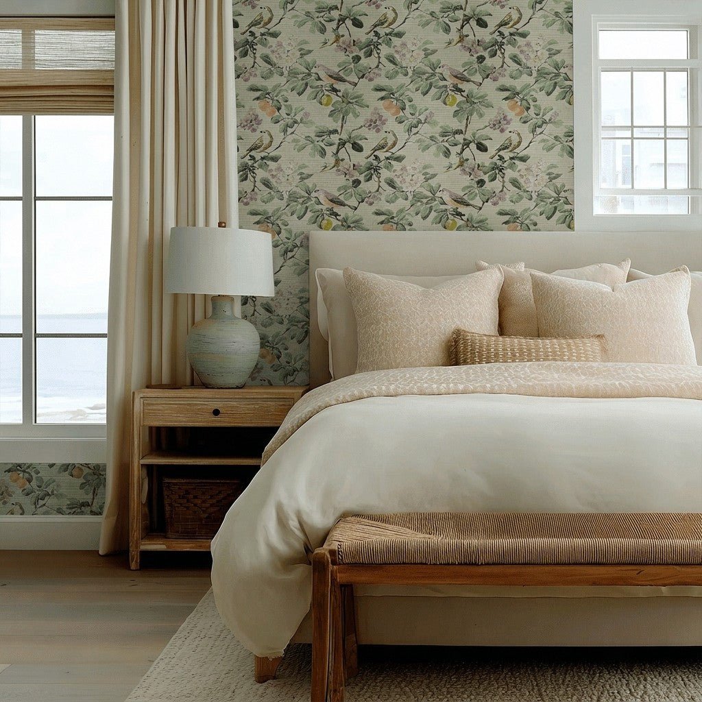 Gentle Songbird Faux Grasscloth Wallpaper - Lemon Park