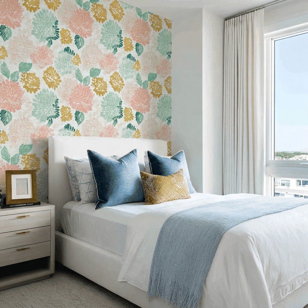 Golden Dahlia Faux Grasscloth Wallpaper - Lemon Park