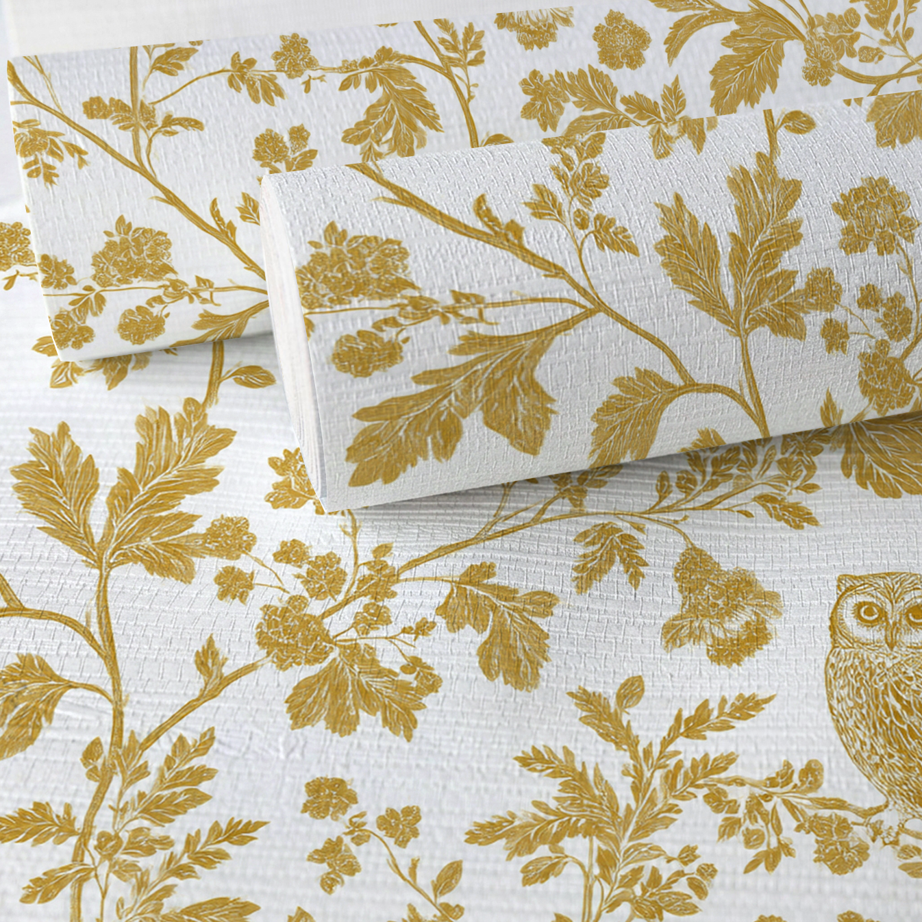 Golden Owl Friend Faux Grasscloth Wallpaper