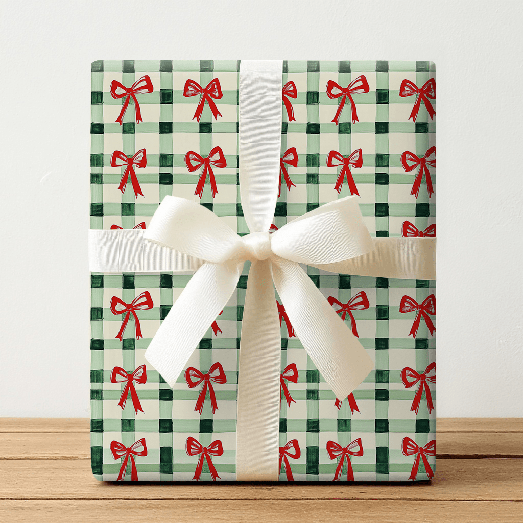 Green Plaid and Red Ribbon - Wrapping Paper - Lemon Park