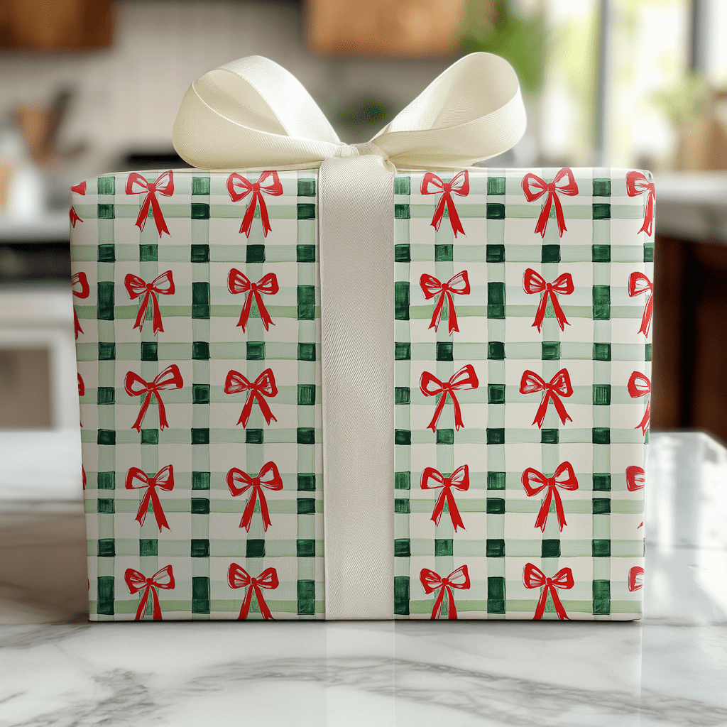 Green Plaid and Red Ribbon - Wrapping Paper - Lemon Park