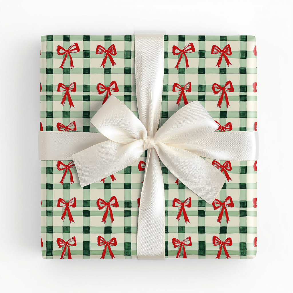 Green Plaid and Red Ribbon - Wrapping Paper - Lemon Park