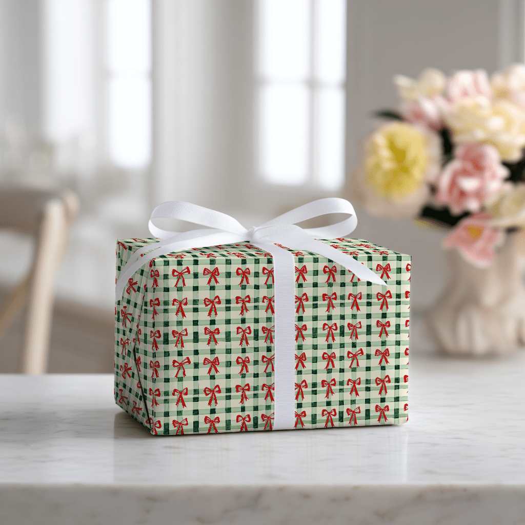 Green Plaid and Red Ribbon - Wrapping Paper - Lemon Park